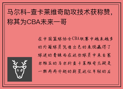 马尔科-查卡莱维奇助攻技术获称赞，称其为CBA未来一哥