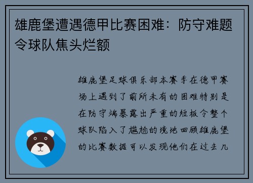 雄鹿堡遭遇德甲比赛困难：防守难题令球队焦头烂额