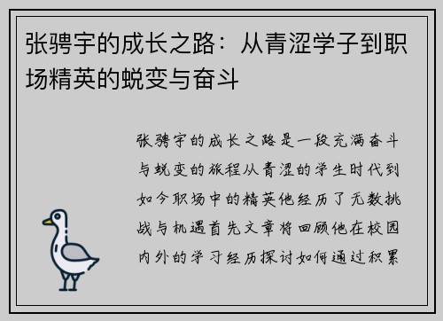 张骋宇的成长之路：从青涩学子到职场精英的蜕变与奋斗